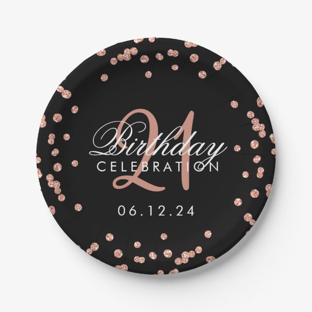 Rose Gold Glitter Confetti Black 21st Birthday Paper Plate (Front)