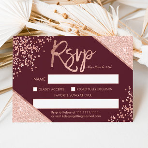 Rose gold glitter confetti burgundy rsvp wedding card