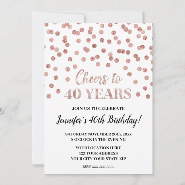 Rose Gold Glitter Confetti Cheers to 40 Years Invitation (Back)