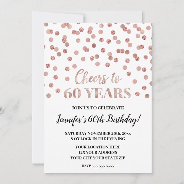 Rose Gold Glitter Confetti Cheers to 60 Years Invitation (Back)