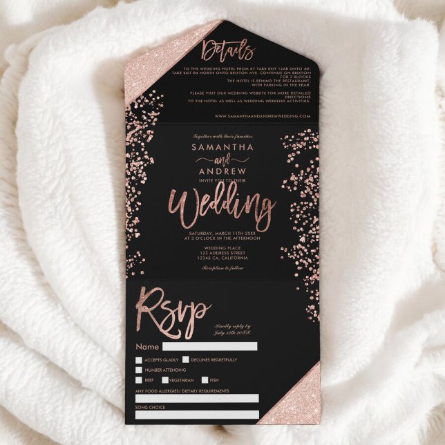 Rose gold glitter confetti chic black wedding all in one invitation (Rose gold glitter confetti chic black wedding all in one invitation)