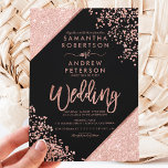 Rose gold glitter confetti chic black wedding invitation<br><div class="desc">Rose Gold glitter confetti and colour block typography on customisable black and faux rose gold geometric stripes chic wedding ,  perfect for elegant,  luxurious wedding, </div>