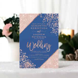 Rose gold glitter confetti chic blue wedding invitation
