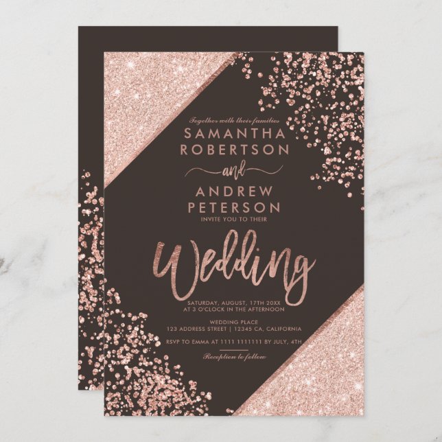 Rose gold glitter confetti chic brown wedding invitation (Front/Back)