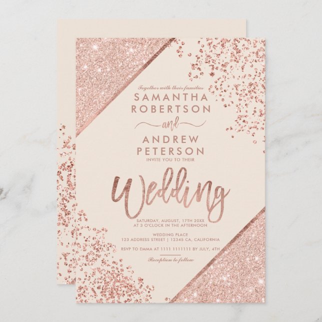 Rose gold glitter confetti chic ivory wedding invitation (Front/Back)
