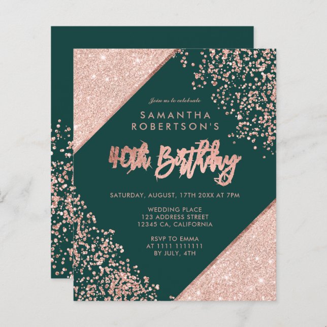 Rose gold glitter confetti green budget 40th (Front/Back)