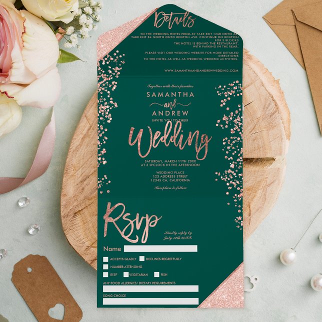 Rose gold glitter confetti green chic wedding all in one invitation (Creator Uploaded)