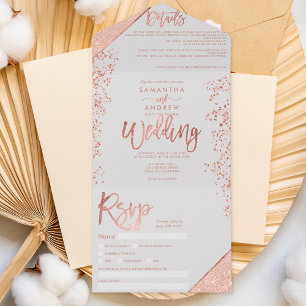 Rose gold glitter confetti grey chic wedding all in one invitation
