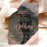 Rose gold glitter confetti navy blue wedding photo invitation<br><div class="desc">Rose Gold glitter confetti and colour block typography on customisable navy blue and faux rose gold geometric stripes chic wedding photo overlay ,  perfect for elegant,  luxurious wedding, </div>