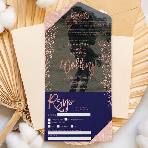 Rose gold glitter confetti navy photo wedding all in one invitation