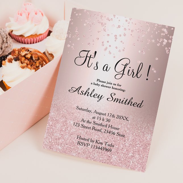 Rose gold glitter confetti ombre girl baby shower invitation (Creator Uploaded)
