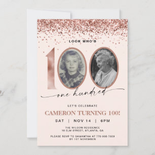 Rose Gold Glitter Confetti Photo 100th Birthday Invitation
