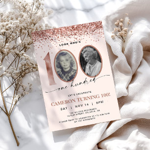 Rose Gold Glitter Confetti Photo 100th Birthday Invitation