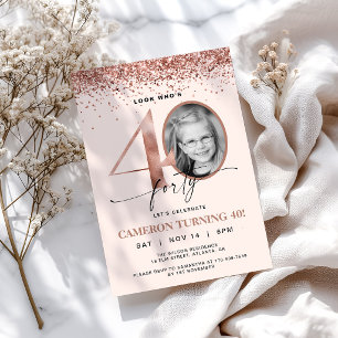 Rose Gold Glitter Confetti Photo 40th Birthday Invitation