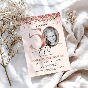 Rose Gold Glitter Confetti Photo 50th Birthday Invitation