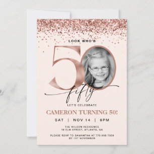 Rose Gold Glitter Confetti Photo 50th Birthday Invitation