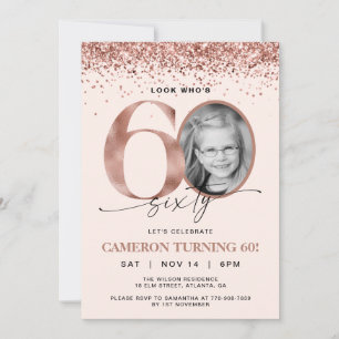 Rose Gold Glitter Confetti Photo 60th Birthday Invitation