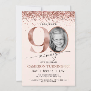 Rose Gold Glitter Confetti Photo 90th Birthday Invitation