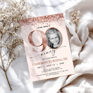 Rose Gold Glitter Confetti Photo 90th Birthday Invitation