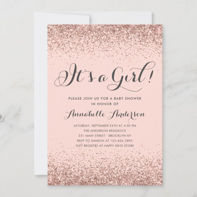 Rose Gold Glitter Confetti Pink Girl Baby Shower Invitation (Front)