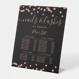 Rose Gold Glitter Confetti Salon Price Menu Black Pedestal Sign