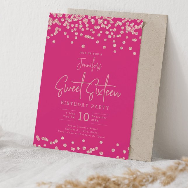 Rose Gold Glitter Confetti Sweet 16 Hot Pink Invitation (Creator Uploaded)