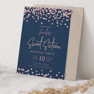 Rose Gold Glitter Confetti Sweet 16 Navy Blue  Invitation