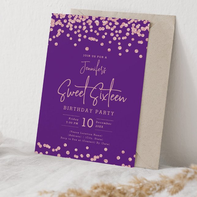 Rose Gold Glitter Confetti Sweet 16 Purple  Invitation (Rose Gold Glitter Confetti Sweet 16 Purple Invitation)