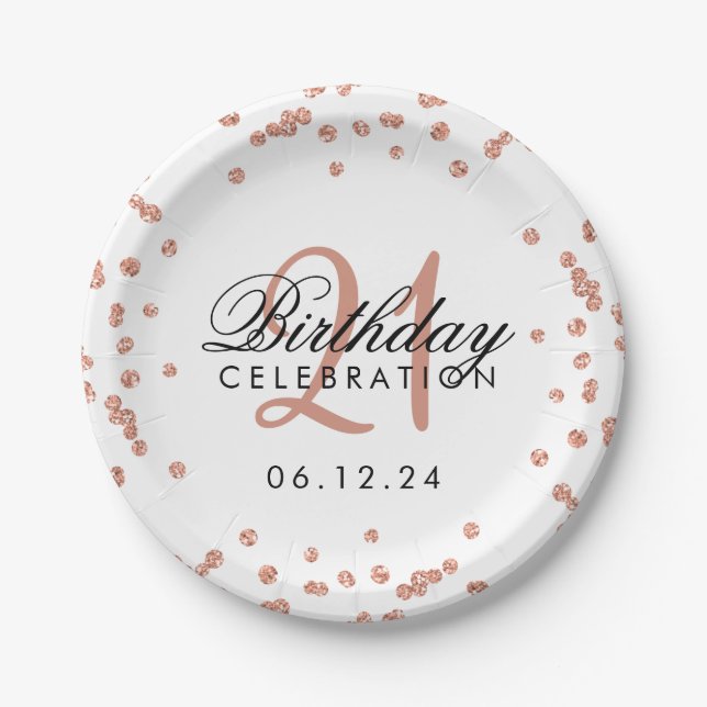 Rose Gold Glitter Confetti White 21st Birthday Paper Plate (Front)