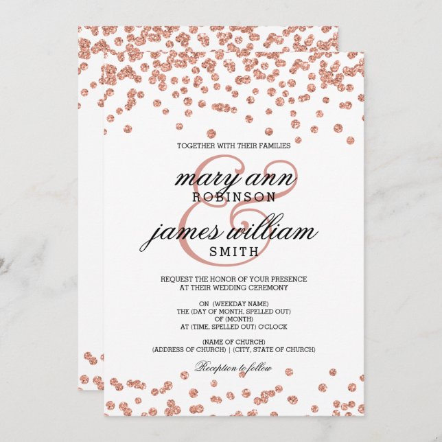 Rose Gold Glitter Confetti White Elegant Wedding Invitation (Front/Back)