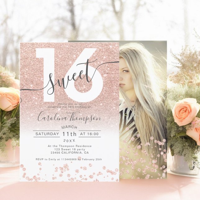 Rose gold glitter confetti white Sweet 16 photo Invitation (Rose gold glitter confetti white Sweet 16 photo Invitation)