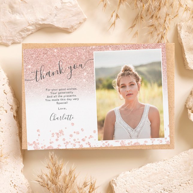 Rose gold glitter confetti white Sweet 16 photo  Thank You Card (Creator Uploaded)