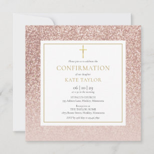 Rose Gold Glitter Confirmation Square Invitation