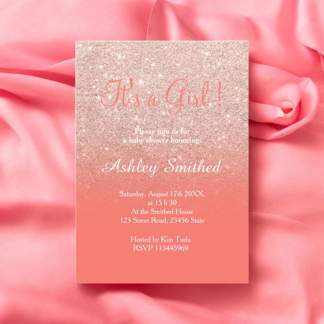 Rose gold glitter coral ombre girl baby shower invitation (Rose gold glitter coral ombre girl baby shower invitation)