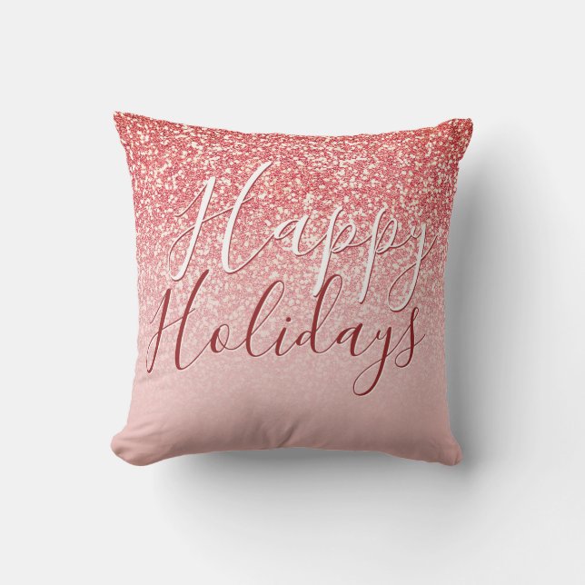 Rose Gold Glitter Coral Ombre Happy Holidays Cushion (Front)