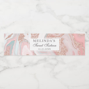 Rose gold glitter coral pink marble sweet 16 water bottle label