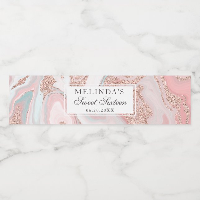 Rose gold glitter coral pink marble sweet 16 water bottle label (Single Label)