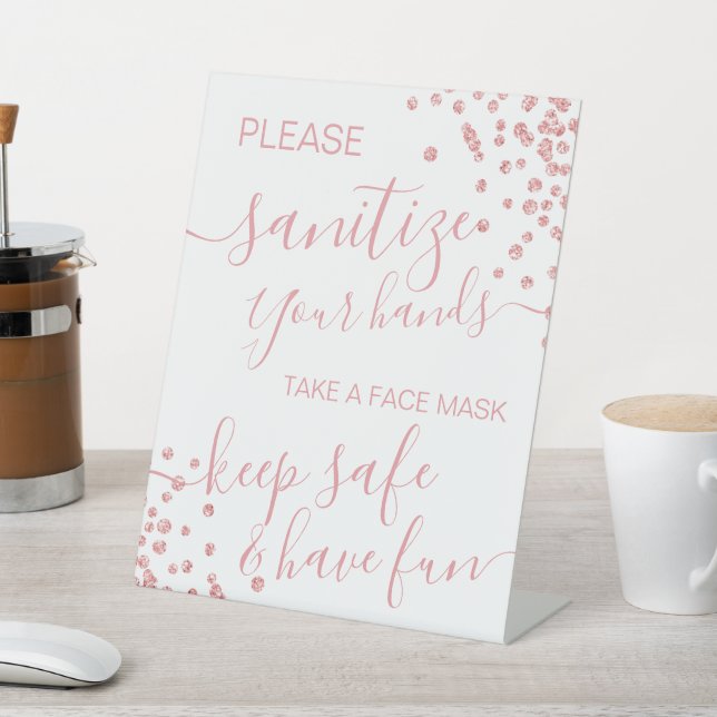 Rose Gold Glitter Covid Safety Sanitise & Mask  Pedestal Sign (In SItu)