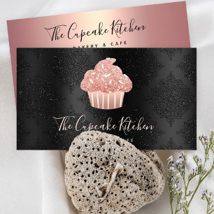 Rose Gold Glitter Cupcake Bakery Chef Black Damask Business Card