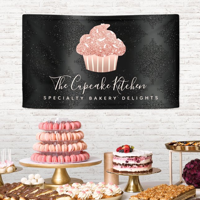 Rose Gold Glitter Cupcake Black Damask Bold Bakery Banner (Creator Uploaded)