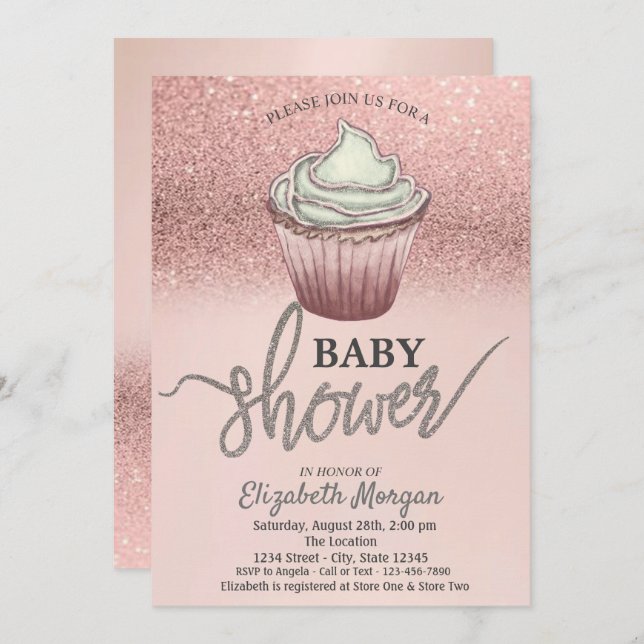 Rose Gold Glitter Cupcake  Invitation (Front/Back)