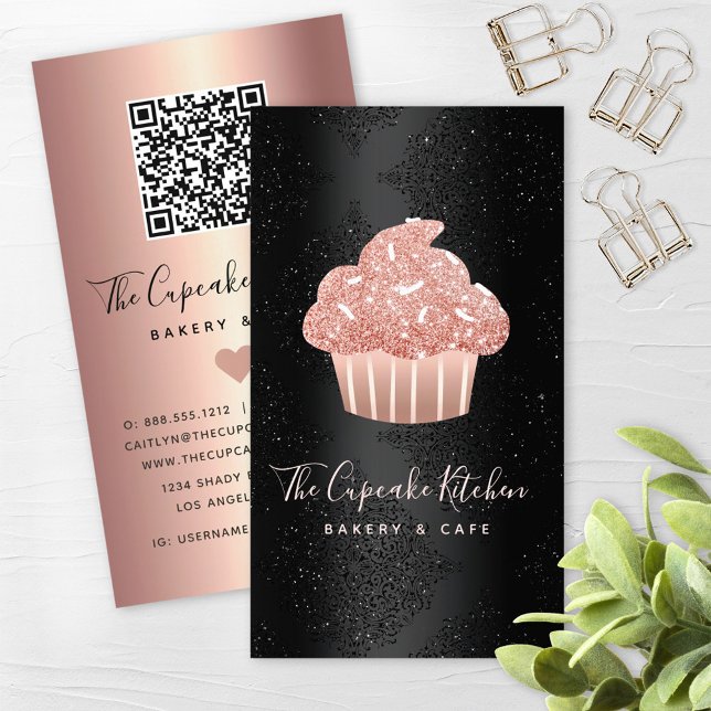 Rose Gold Glitter Cupcake QR Code Bakery on Black Business Card (Creator Uploaded)