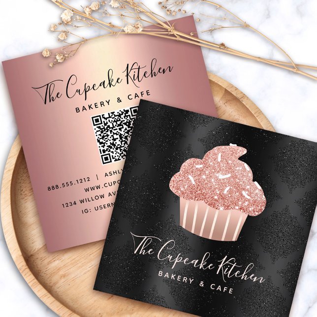 Rose Gold Glitter Cupcake QR Code on Black Bakery Square Business Card (Creator Uploaded)