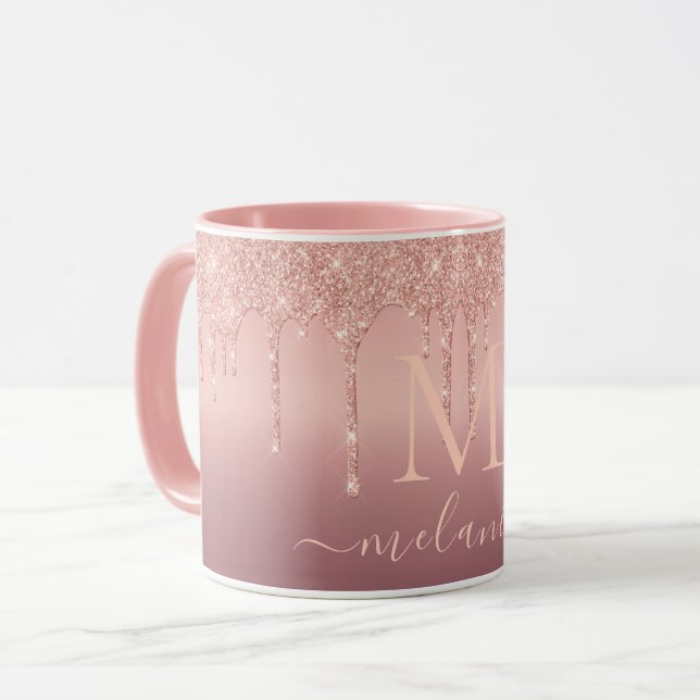 Rose Gold Glitter Custom Letter Name Coffee Mug (Front Left)