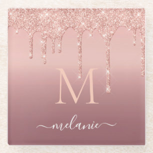 Rose Gold Glitter Custom Letter Name Glass Coaster