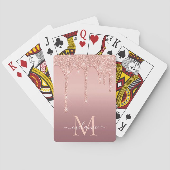 Rose Gold Glitter Custom Letter Name Playing Cards (Back)