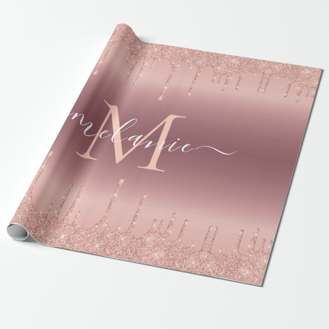 Rose Gold Glitter Custom Name Gift Wrapping Paper (Unrolled)
