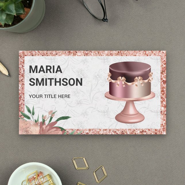 Rose Gold Glitter Custom Pink Ribbon Cake Bakery Business Card (Creator Uploaded)