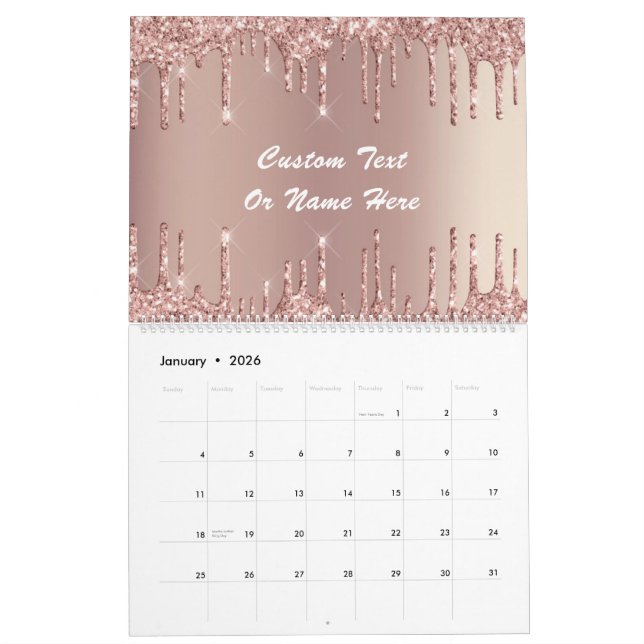 Rose Gold Glitter Custom Text Name Calendar Gift (Jan 2026)