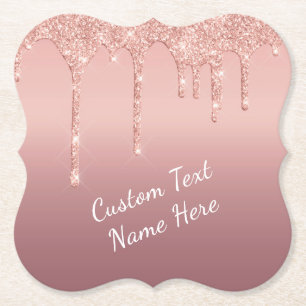 Rose Gold Glitter Custom Text Name Paper Coaster